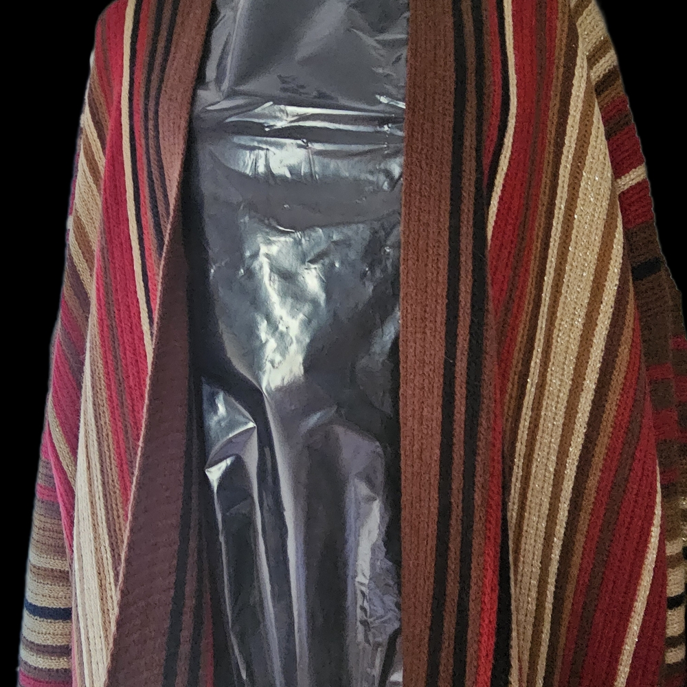 Ruby Rd. Striped Open-Front Cape Cardigan in Red, Brown & Beige